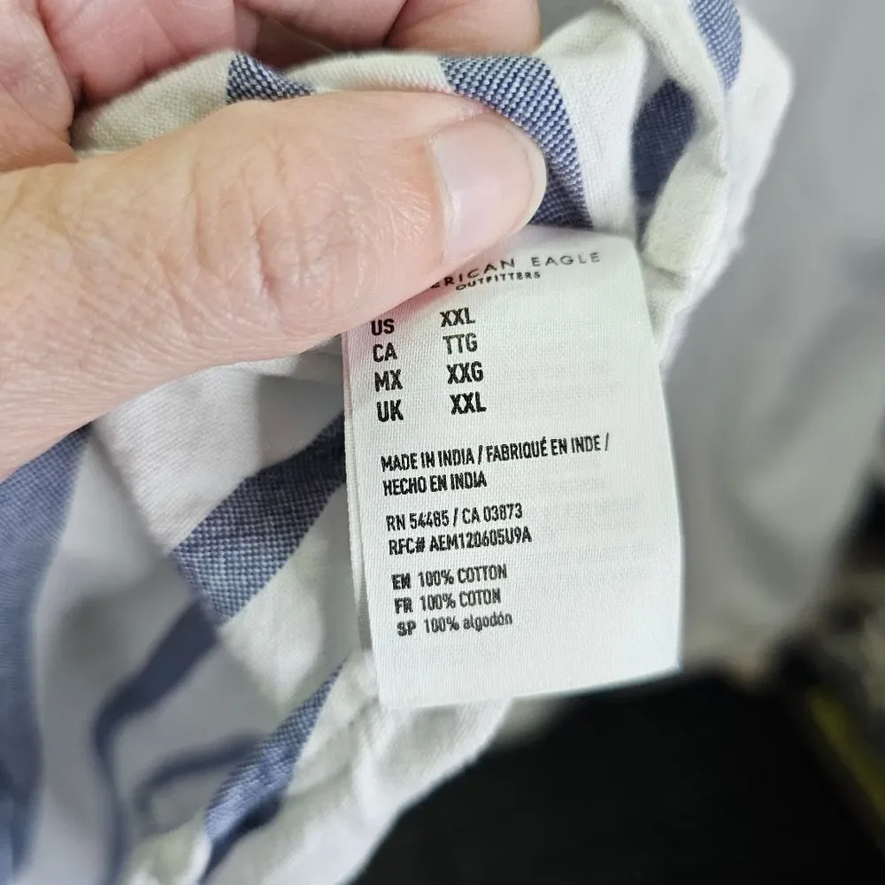 American Eagle Outfitters White and Blue Striped Cotton Button Down Shirt XXL